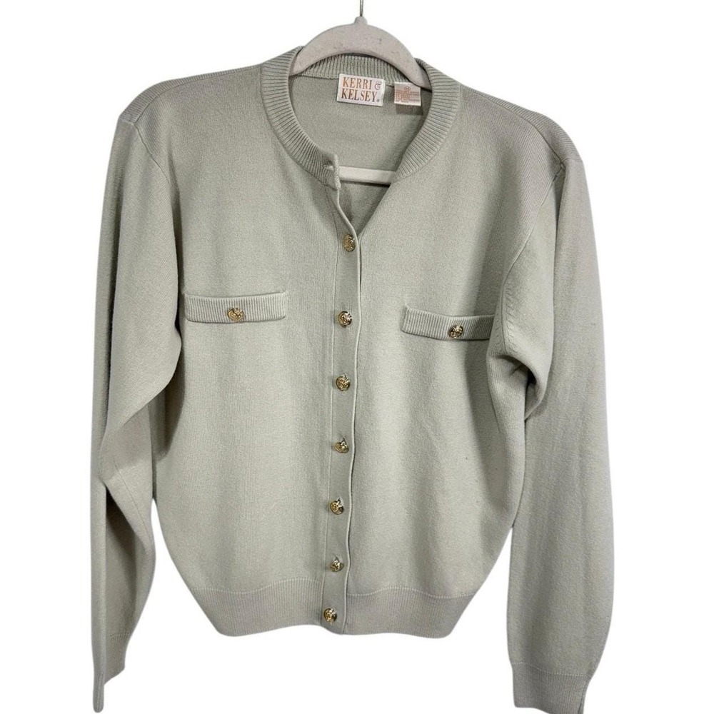 Kerri & Kelsey Cardigan Women's Vintage‎ Gold Crest Button Knit Beige Medium